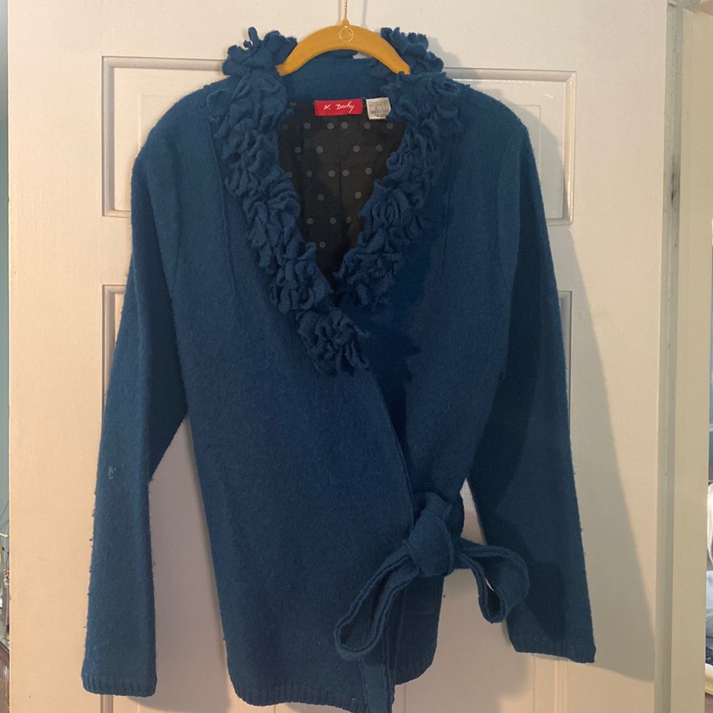 Wool wrap style teal jacket blazer. Designed in France. Size 12